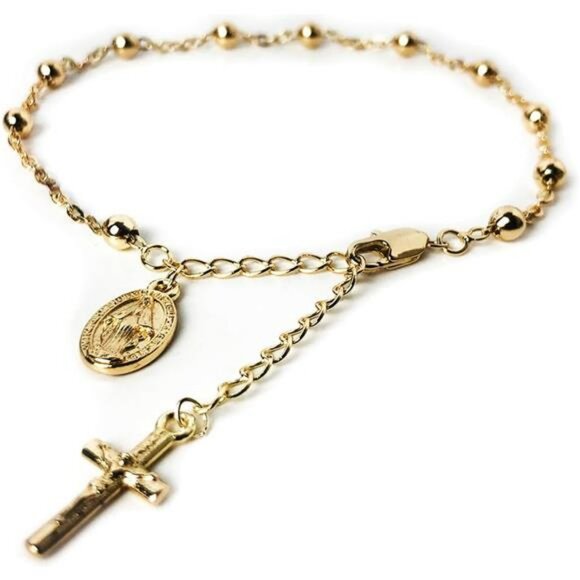 Gold Rosary Bracelet Catholic Jewelry Our Lady of Graces Medal Crucifix Charm Gi - Picture 1 of 6